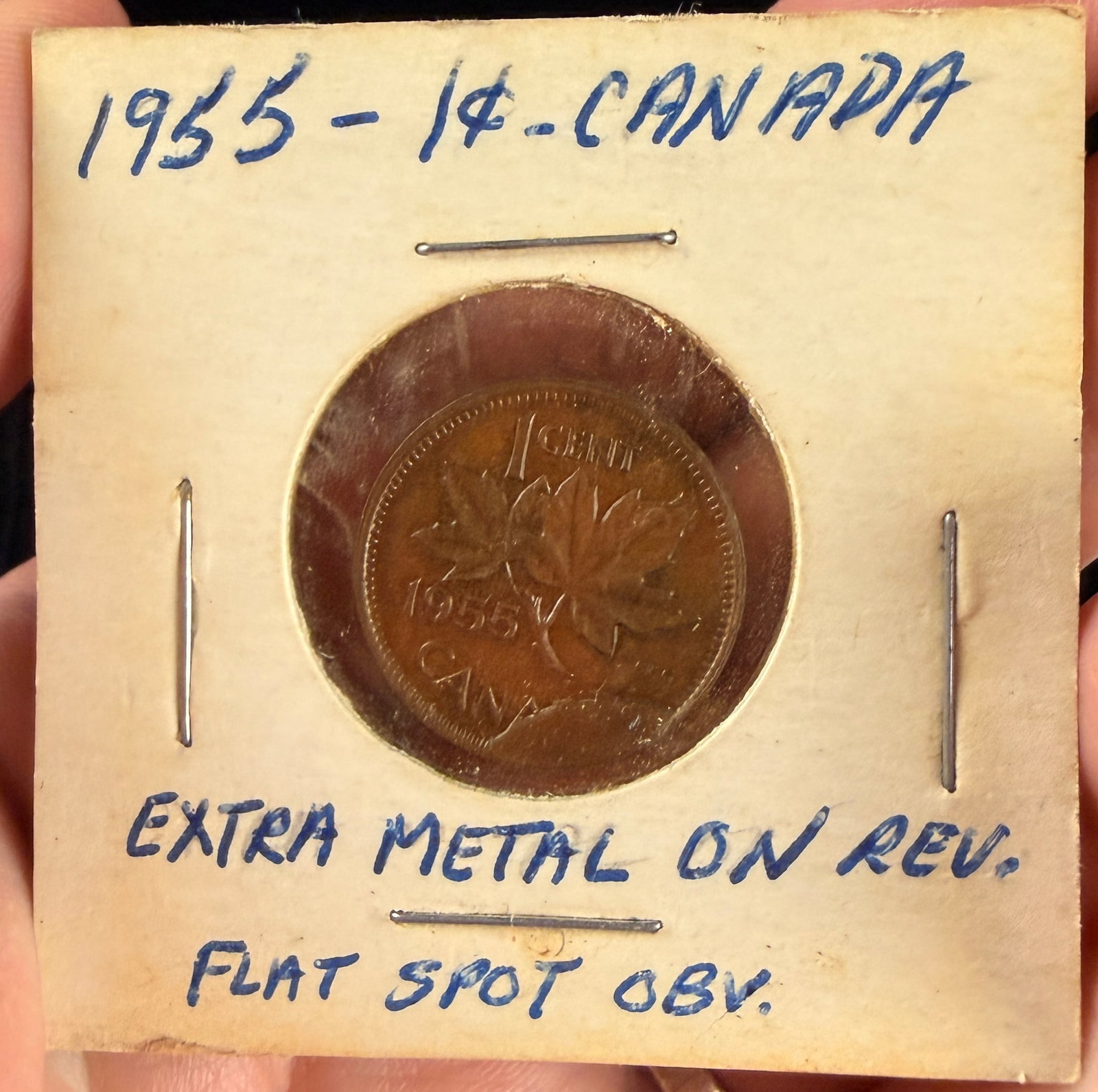 CA 1955 1-Cent Bronze Coin with Reverse Die Break Cud (1 of 4)