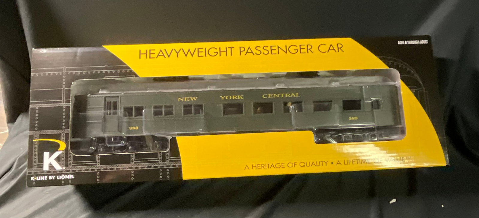 K-Line by Lionel O Gauge New York Central Heavyweight Passenger Car Diner 383: This is an O gauge model train heavyweight passenger car produced by K-Line by Lionel, representing a New York Central dining car. The car is finished in dark green with gold-tone lettering and accent