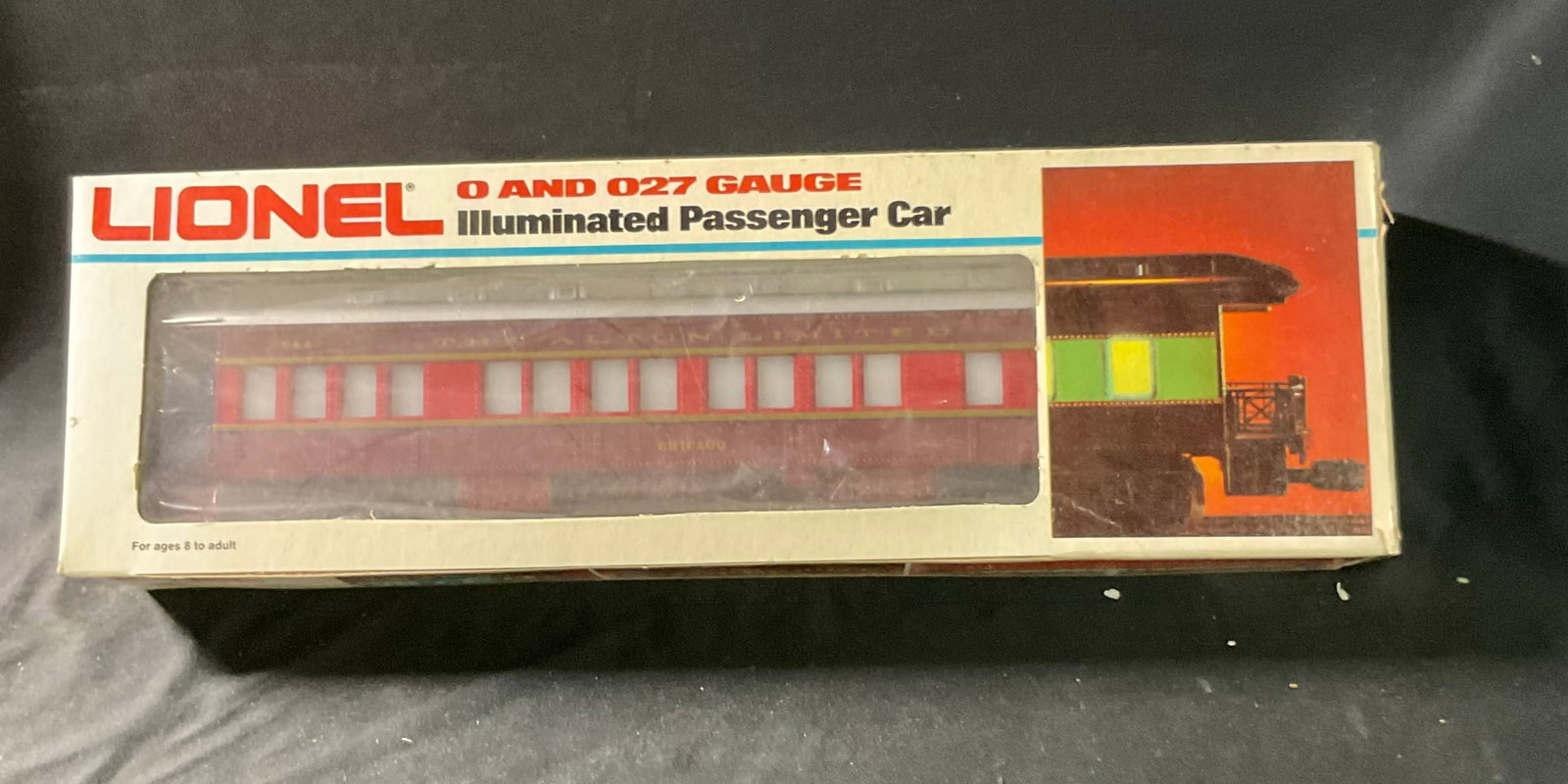 Lionel O and O27 Gauge Chicago and Alton Chicago Observation Car No. 6-9558: Lionel model train passenger car, specifically the Chicago and Alton Chicago Observation Car, model number 6-9558. This O and O27 gauge model features a plastic body construction with metal wheels and