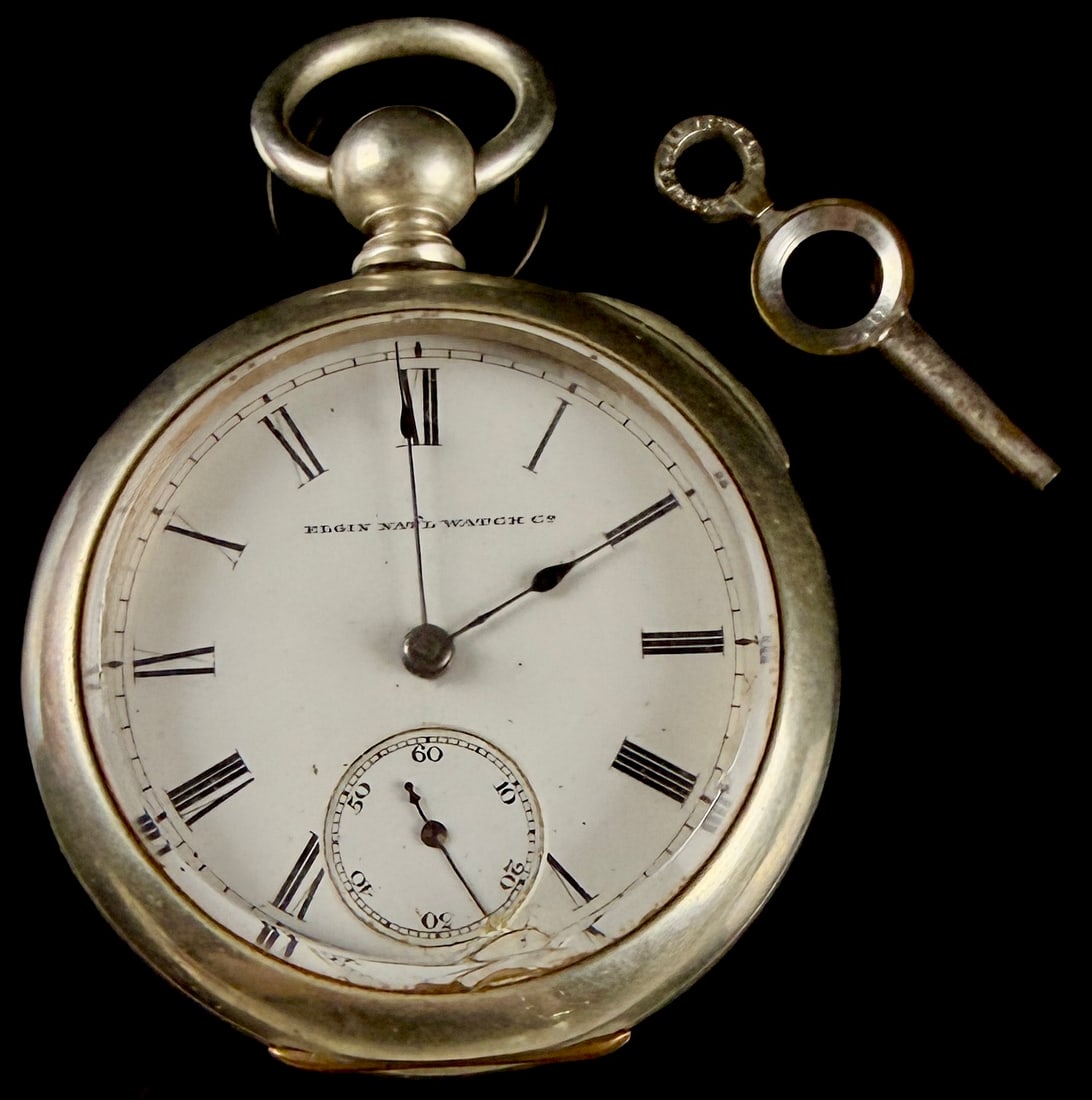 Antique Elgin National Watch Co G M Wheeler 18 Size Key Wind Pocket Watch: An antique manual key-wind and key-set pocket watch produced by the Elgin National Watch Co. This model features a G. M. Wheeler grade movement, identified as Grade 57, Model 1. The full-plate movemen