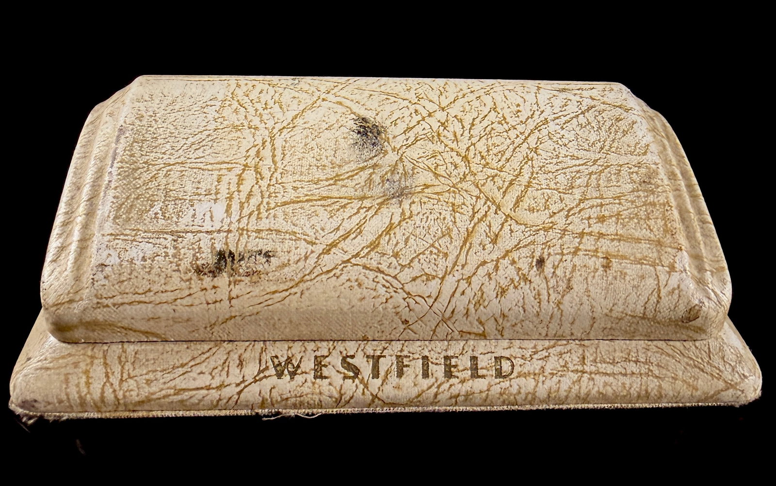 Vintage Westfield Watch Presentation Box: This is a mid-20th-century watch presentation box manufactured by Westfield, a sub-brand of the Bulova Watch Company. The exterior features a cream-colored textured faux-leather finish over a tiered, 