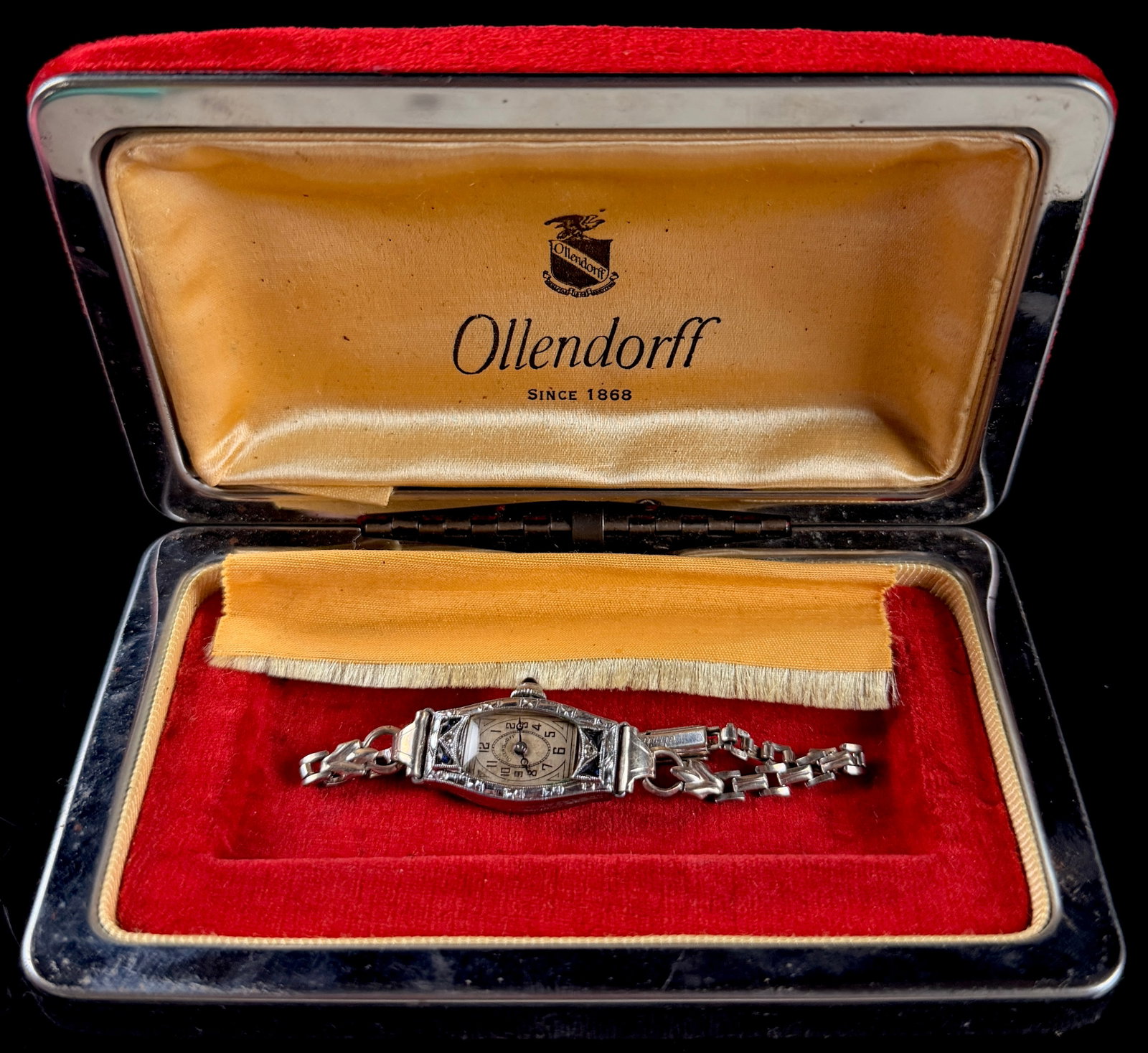 Ollendorff Art Deco Lady's Filigree Wristwatch with Original Inner and Outer Boxes: A vintage lady's mechanical wristwatch by the Ollendorff Watch Company, featuring a distinctive Art Deco filigree design. The manual wind movement is a Swiss 15-jewel caliber with three adjustments, m