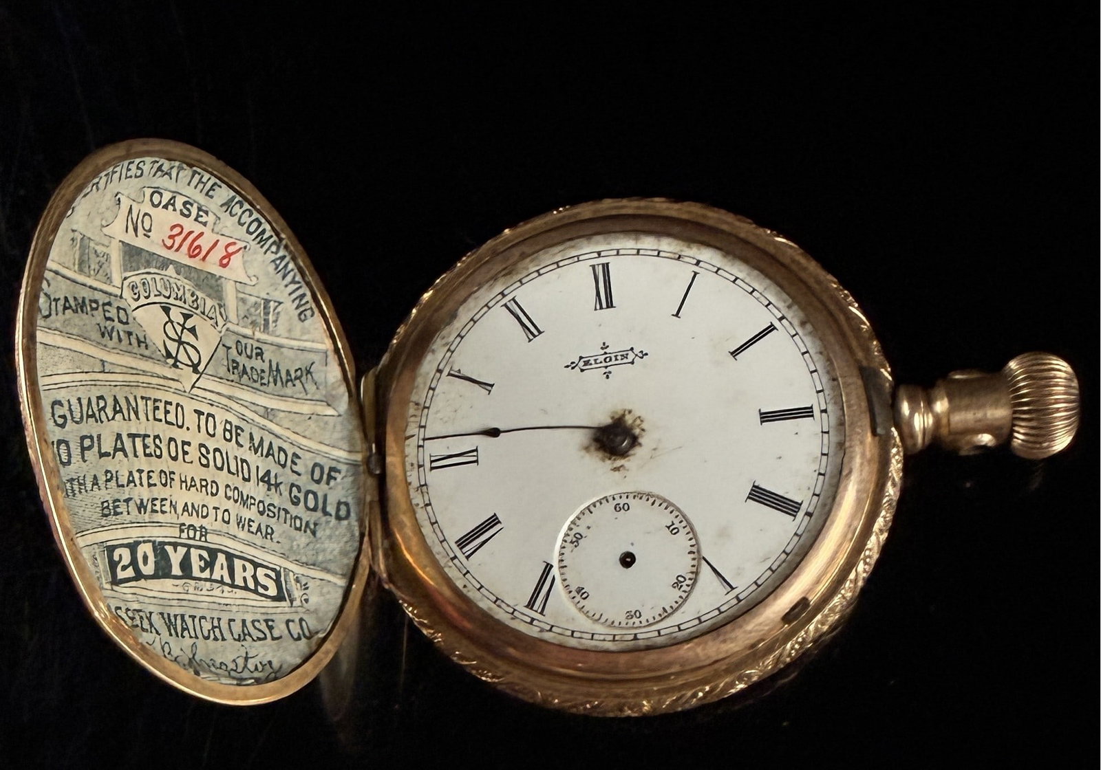 Elgin National Watch Co Grade 181 Gold-Filled Hunting Case Pocket Watch Size 6s Does Not Run: This is an Elgin National Watch Company hunting case pocket watch featuring a Grade 181 manual wind movement with 11 jewels. The movement is marked with serial number 8888478 and includes a safety pin
