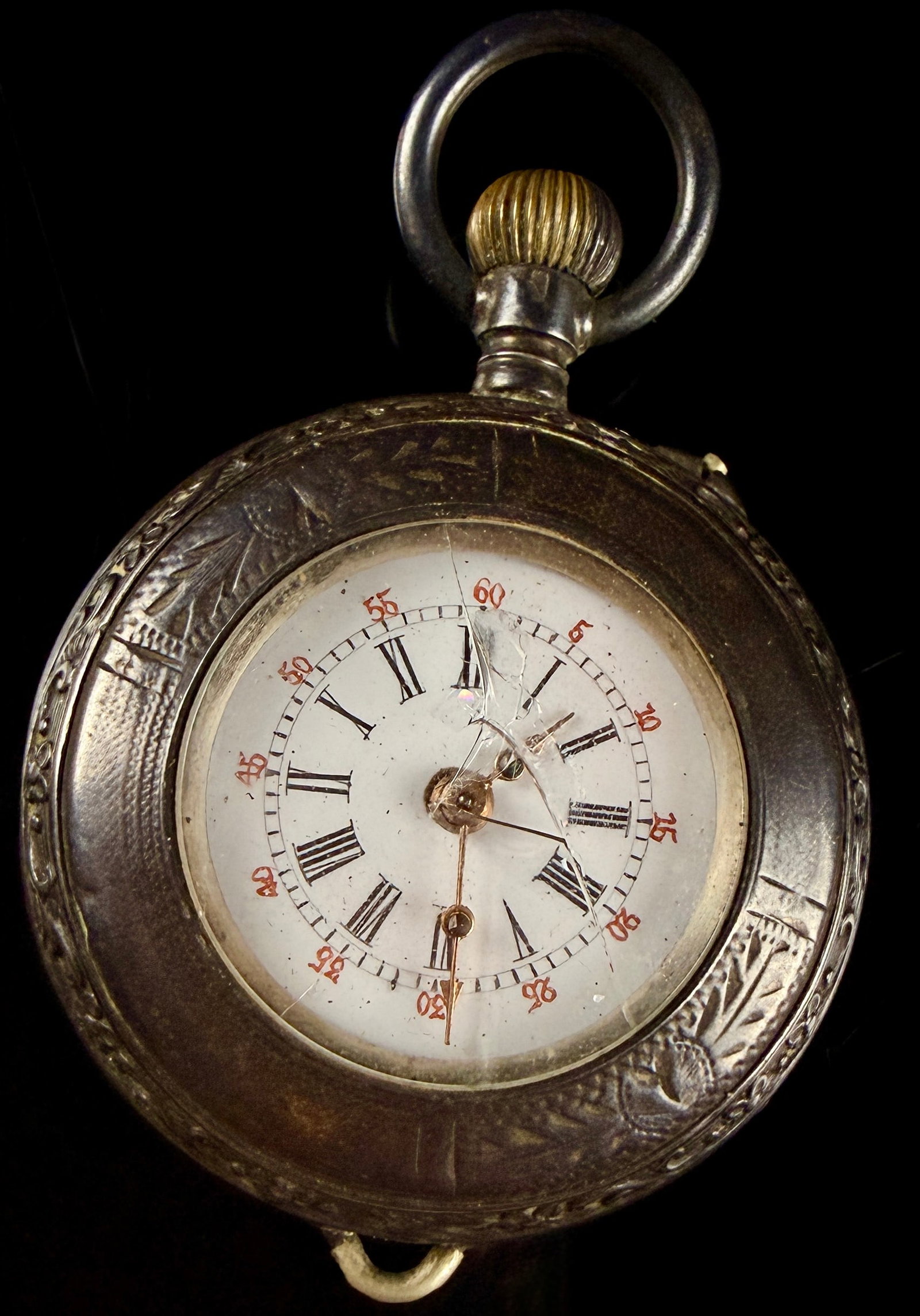 Antique Swiss 0.800 Silver and Galonne Open Face Pocket Watch: An unbranded Swiss open-face pocket watch featuring a 0.800 silver case with gold-toned galonne accents. The outer case back is intricately engraved with a central rectangular reserve depicting a gabl