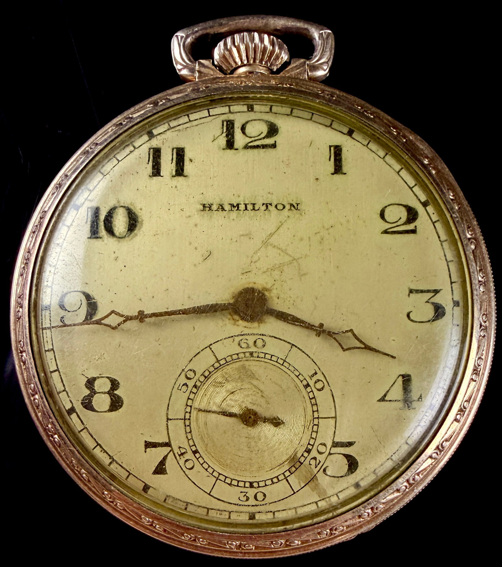 Hamilton Grade 912 17 Jewel 14K Gold Filled Pocket Watch: A Hamilton Grade 912 open face pocket watch featuring a 17-jewel adjusted manual wind movement. The movement is signed Hamilton Watch Co., Lancaster, PA., and bears the serial number 3458695. The watc
