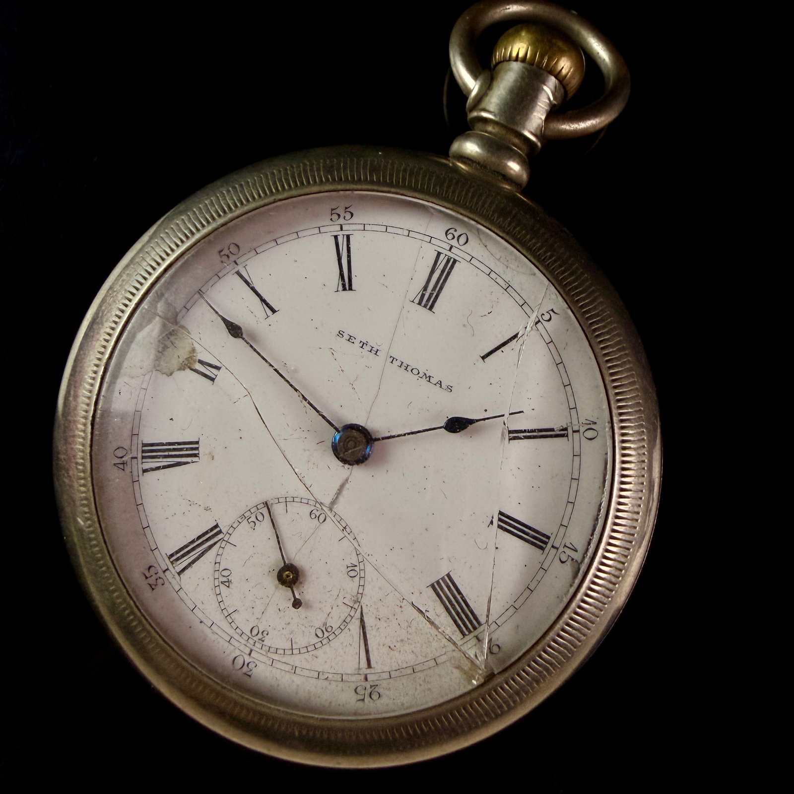 Seth Thomas 18 Size Silverine Open-Face Pocket Watch: A late 19th-century open-face pocket watch manufactured by Seth Thomas of Thomaston, Connecticut. The movement is a full-plate damaskeened design featuring a safety pinion and is engraved with the mak