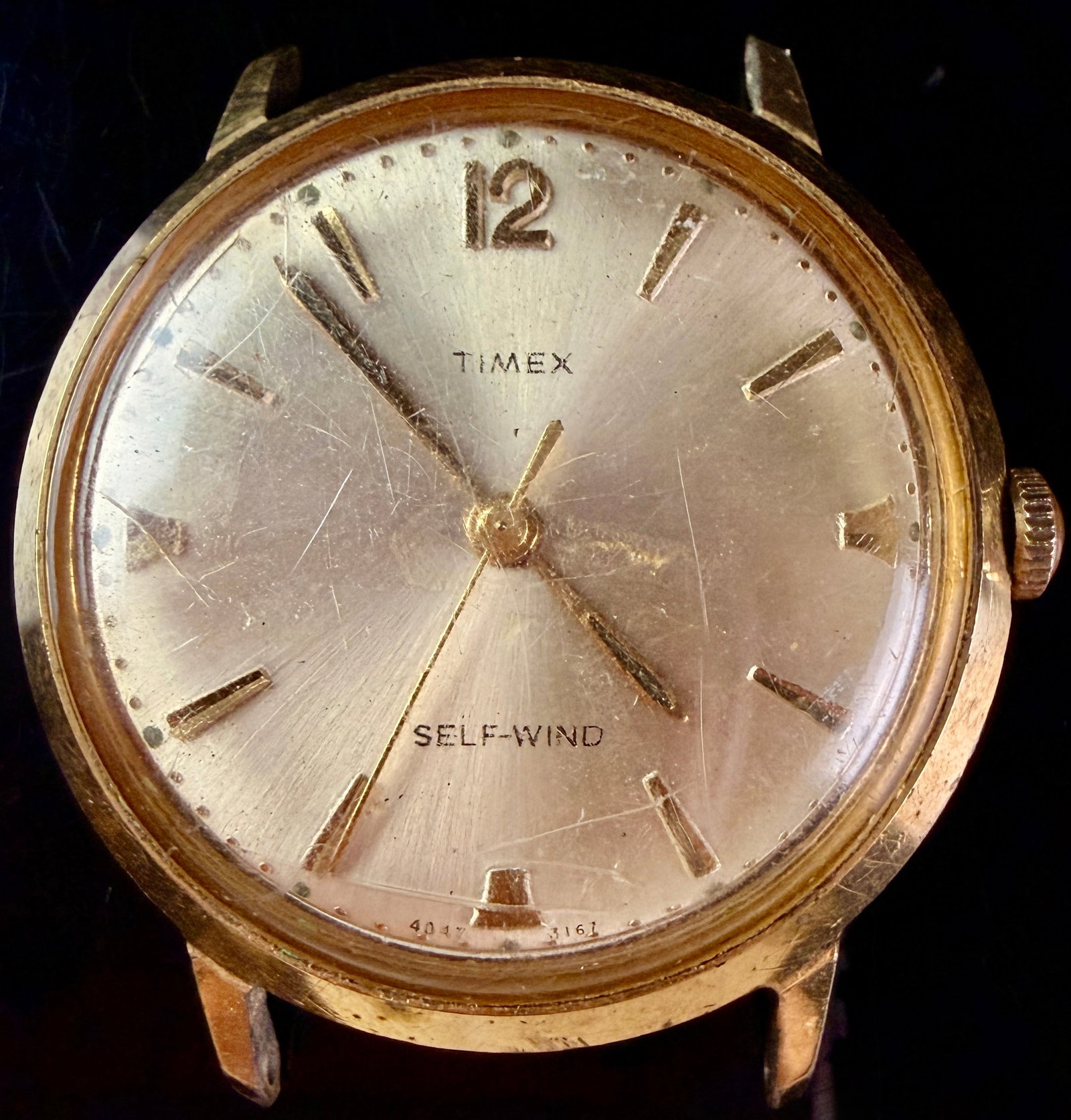 1967 Timex Viscount Self-Wind Automatic Wristwatch: This is a vintage Timex Viscount automatic wristwatch, identified by the dial reference code as a model from 1967. The timepiece features a gold-tone base metal bezel with a stainless steel case