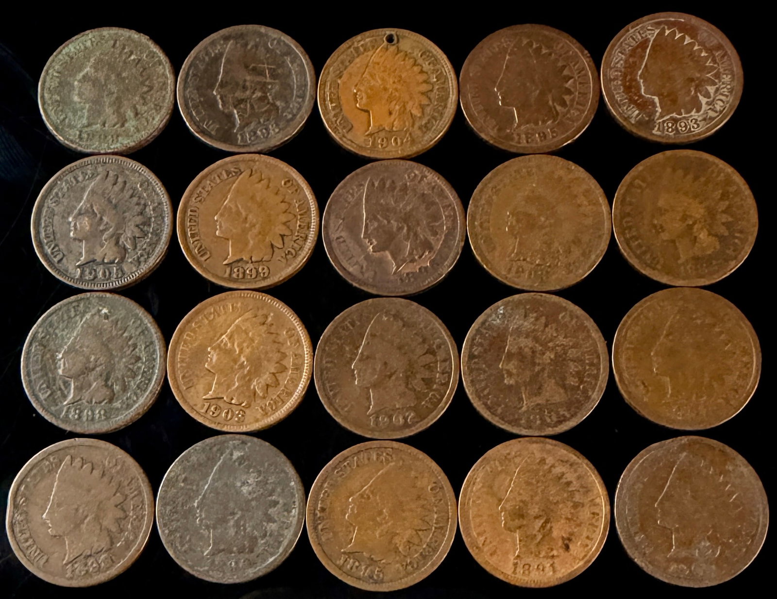 A Group of US Indian Head One Cent Coins Dated 1891 to 1905: A group of United States bronze one cent coins issued between 1891 and 1905. The obverse of each coin features the James B. Longacre design of Liberty in a Native American headdress. The legend on the