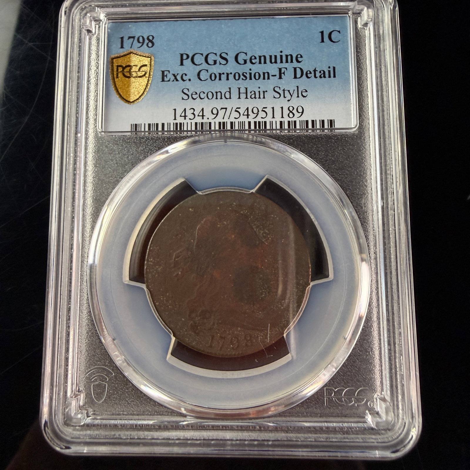 US 1798 Draped Bust Large Cent Second Hair Style PCGS Genuine F Detail: A US copper large cent dated 1798, identified as the Second Hair Style variety. The obverse features the Draped Bust profile of Liberty facing right, with the characters LIBERTY appearing above the