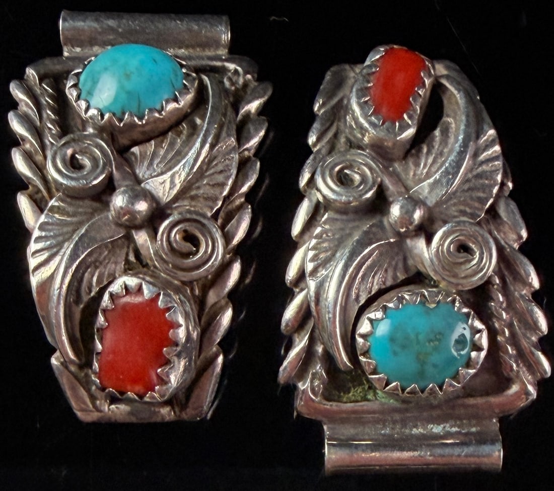 A Pair of Southwestern Sterling Silver Turquoise and Coral Watch Tips: A pair of Southwestern watch tips constructed from sterling silver. Each piece is embellished with applied silver leaves featuring stamped veins, wire scrolls, and a central silver raindrop bead. The