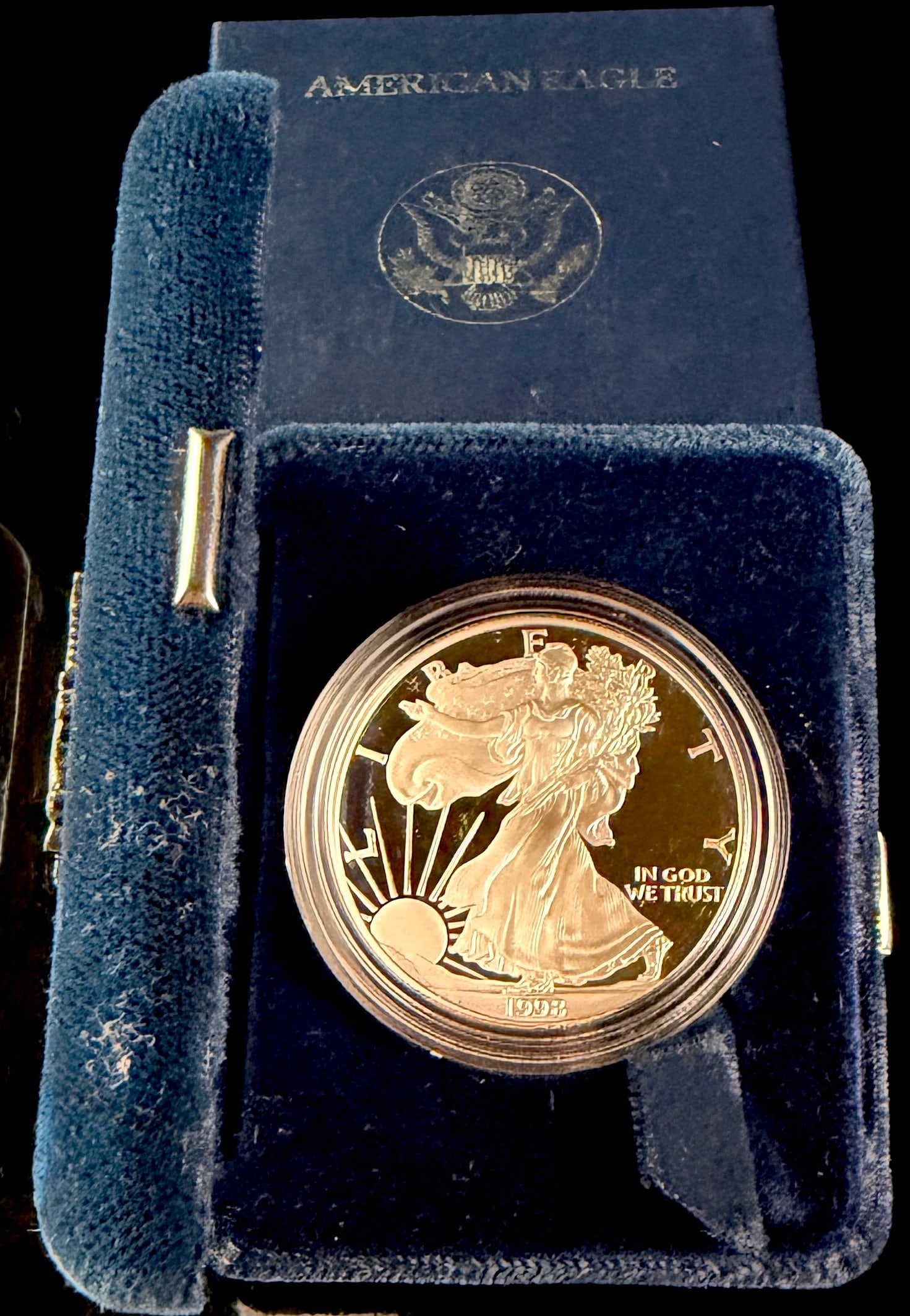 US 1998-P American Silver Eagle One Dollar Proof Coin: A US 1998 American Silver Eagle one dollar proof coin struck at the Philadelphia Mint. The obverse features the Walking Liberty design with the inscriptions LIBERTY, IN GOD WE TRUST, and the date