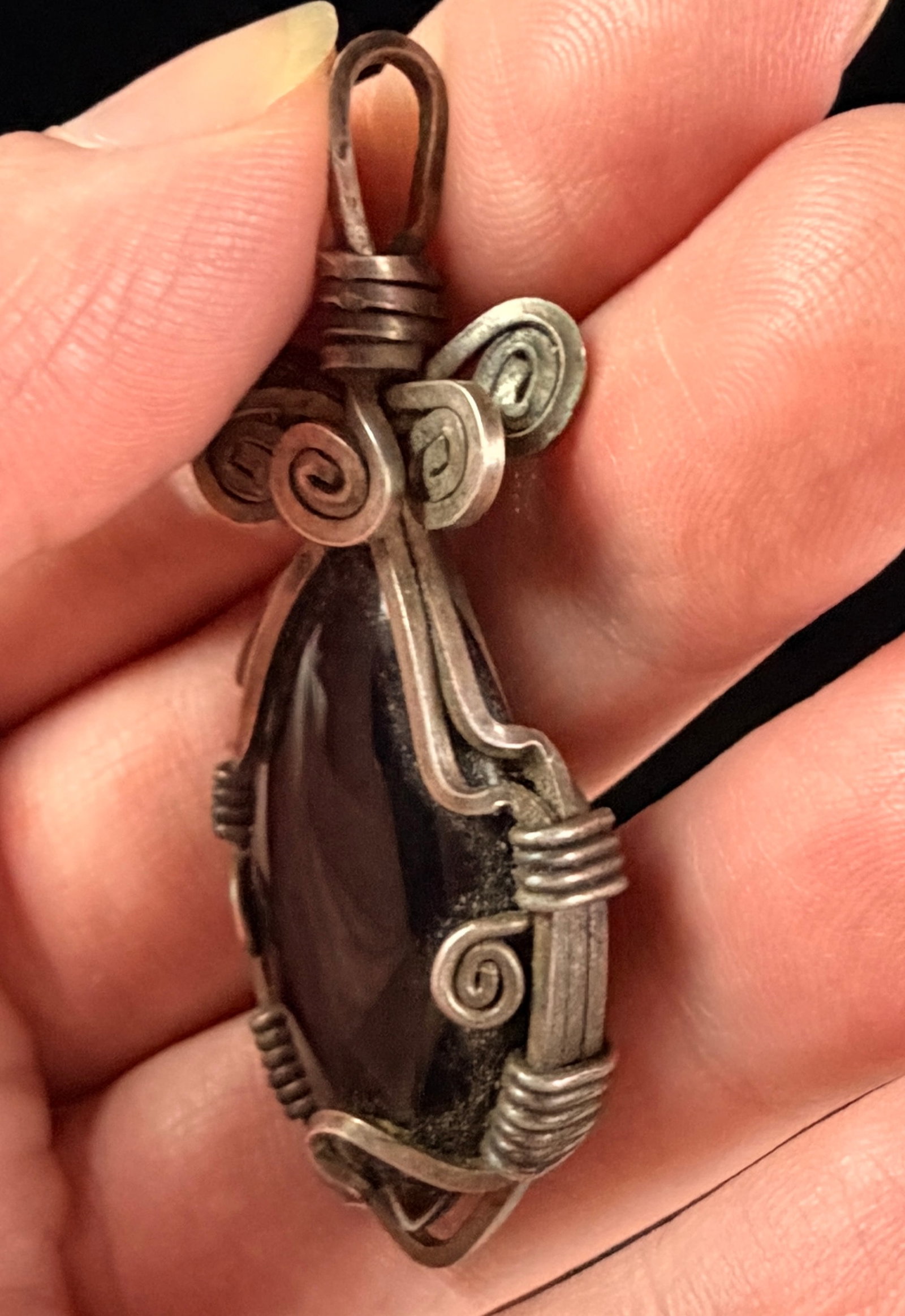 Wire Wrapped Black Cabochon Pendant - 2