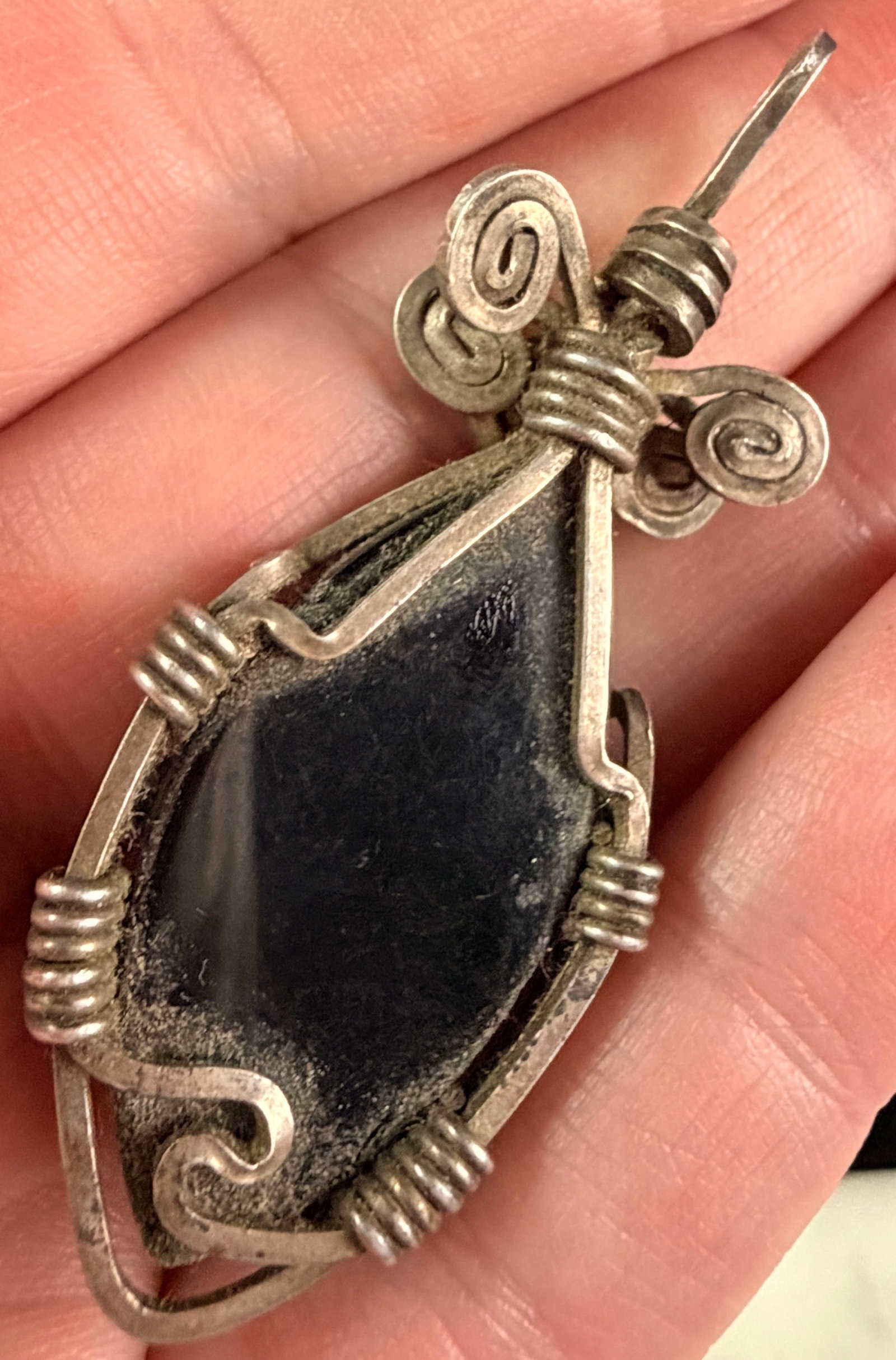 Wire Wrapped Black Cabochon Pendant - 4