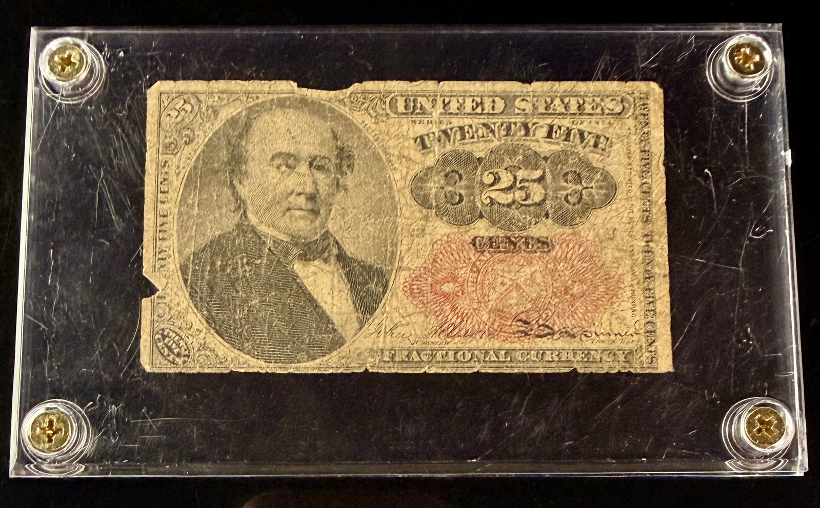 US Fifth Issue Twenty-Five Cent Fractional Currency Note Robert J. Walker: A US Fifth Issue fractional currency note with a denomination of twenty-five cents. The obverse features a portrait of Robert J. Walker in an oval frame on the left and a central numeral 25 within a