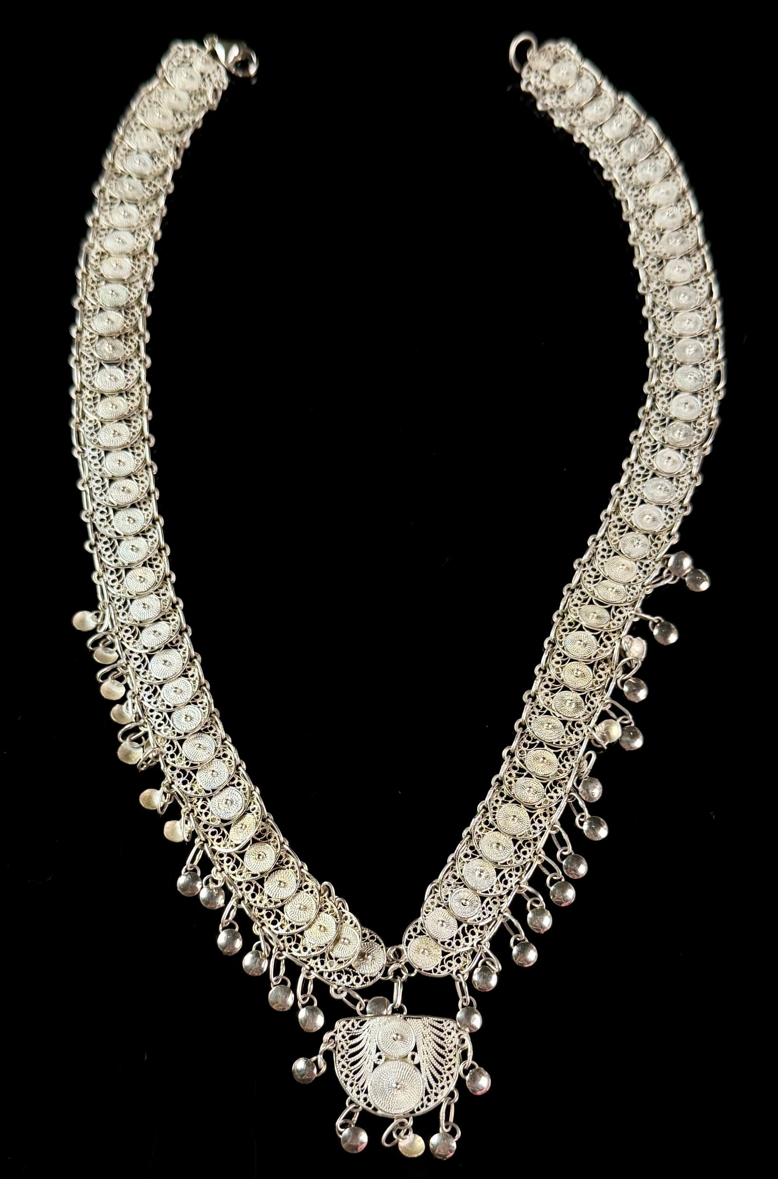 Sterling Silver Filigree Collar Necklace with Drop Pendant and Disc Dangles (1 of 6)