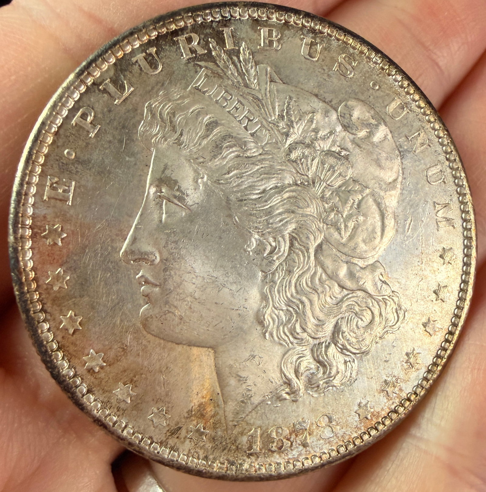 1878 United States Morgan Silver Dollar: An 1878 United States Morgan silver dollar. The obverse features the left-facing profile of Liberty wearing a cap adorned with wheat and cotton, with the headband inscribed LIBERTY. The peripheral tex