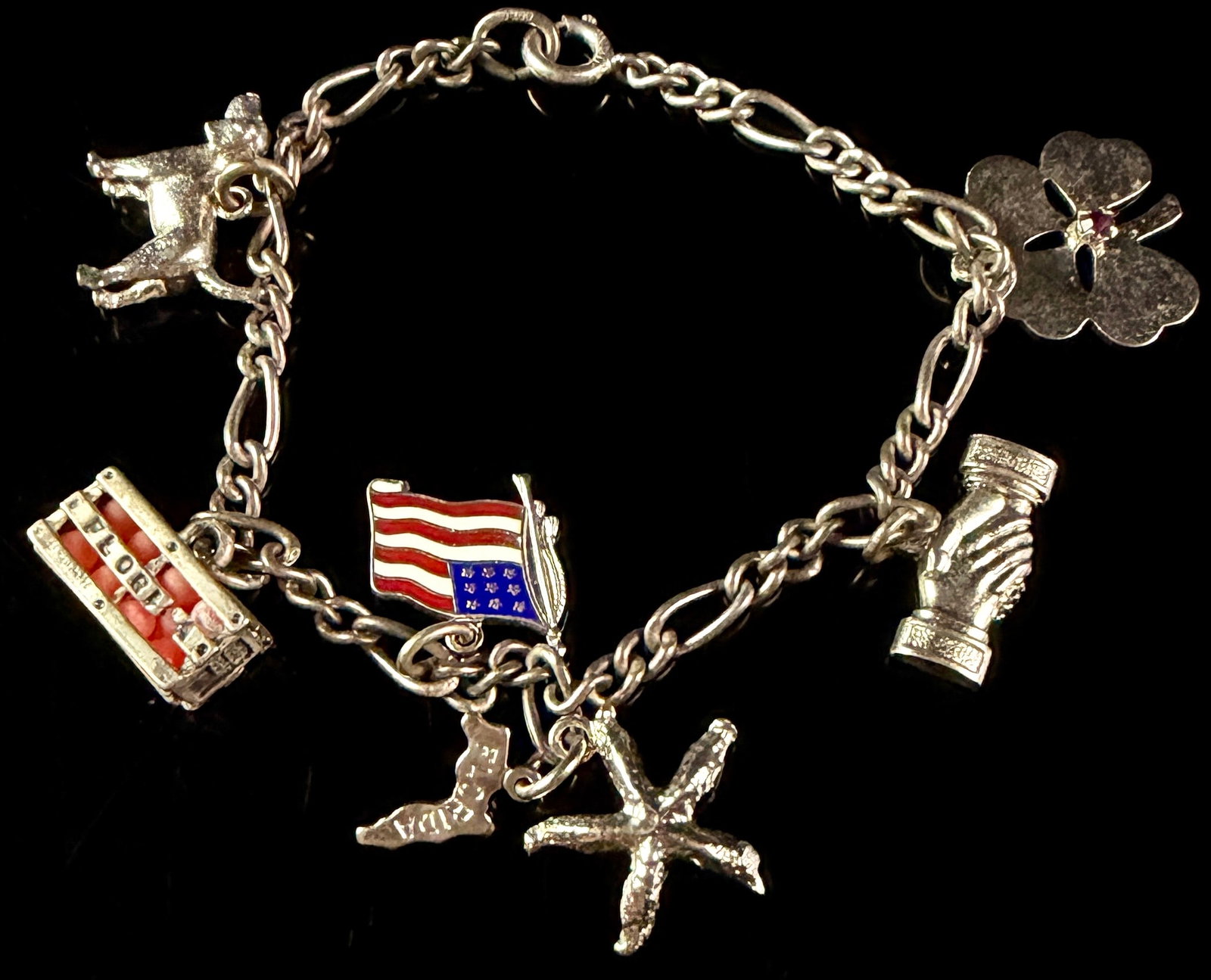 A Vintage Sterling Silver Figaro Link Charm Bracelet Featuring Wells and Travel Themed Charms: A vintage sterling silver charm bracelet featuring a figaro-style link chain and seven attached charms. The bracelet includes a three-dimensional standing hound dog, a rectangular crate charm with