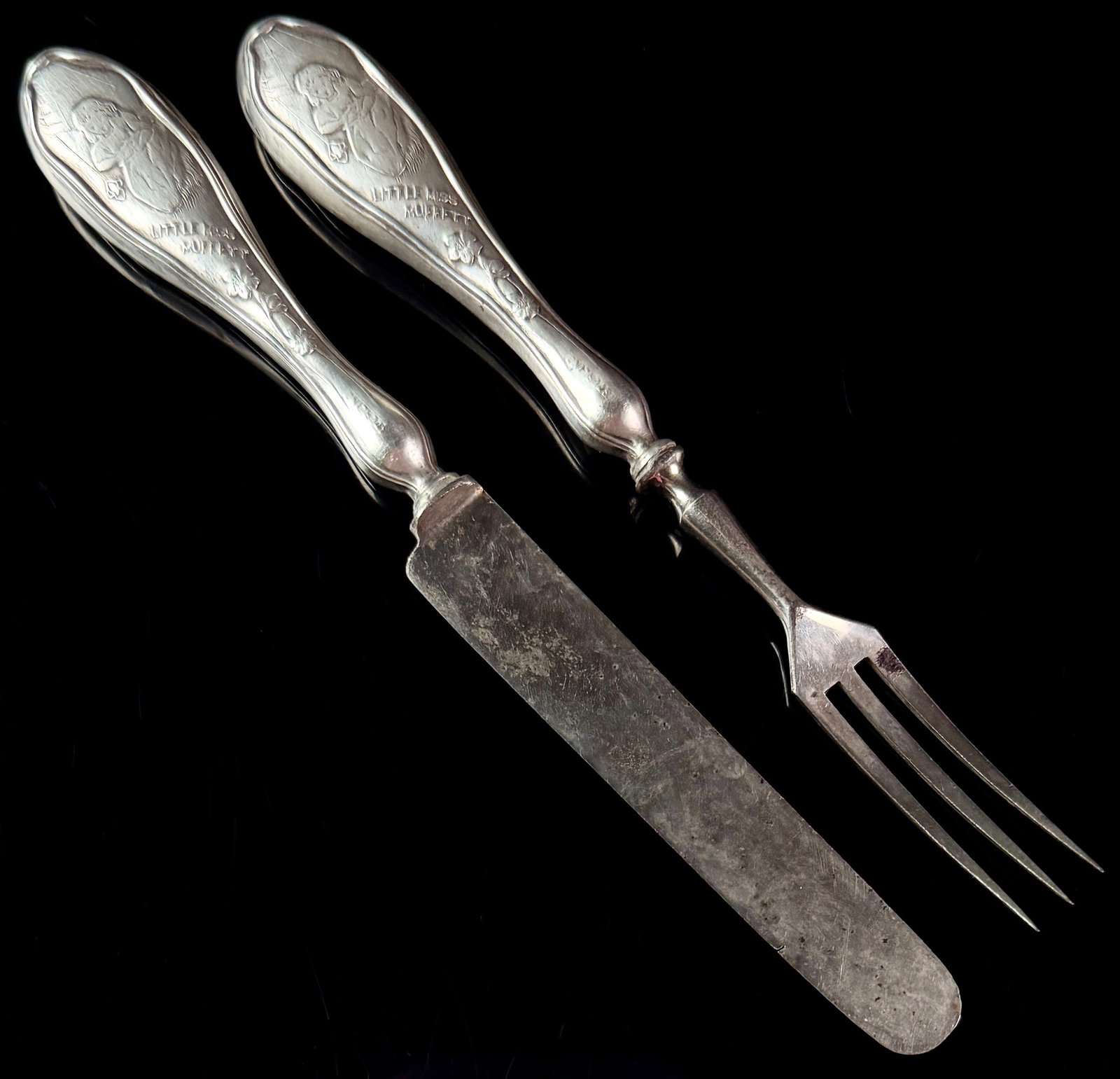 A Pair of Sterling Silver Handled Little Miss Muffet Pattern Child's Flatware Pieces (1 of 6)