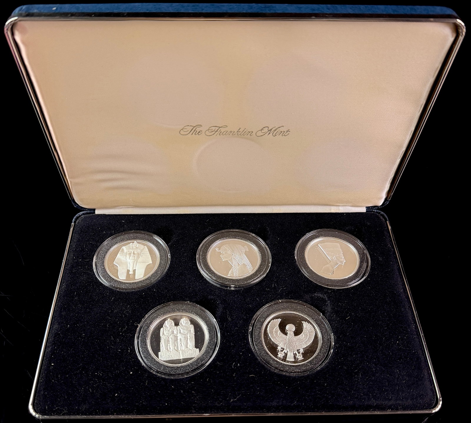 A.R.E. 1999 The Franklin Mint The Great Treasures of Ancient Egypt Silver 5 Pound Proof Set: A five-coin silver proof set titled The Great Treasures of Ancient Egypt Official Silver Coin Collection, issued by the Arab Republic of Egypt in 1999 and manufactured by The Franklin Mint. The set