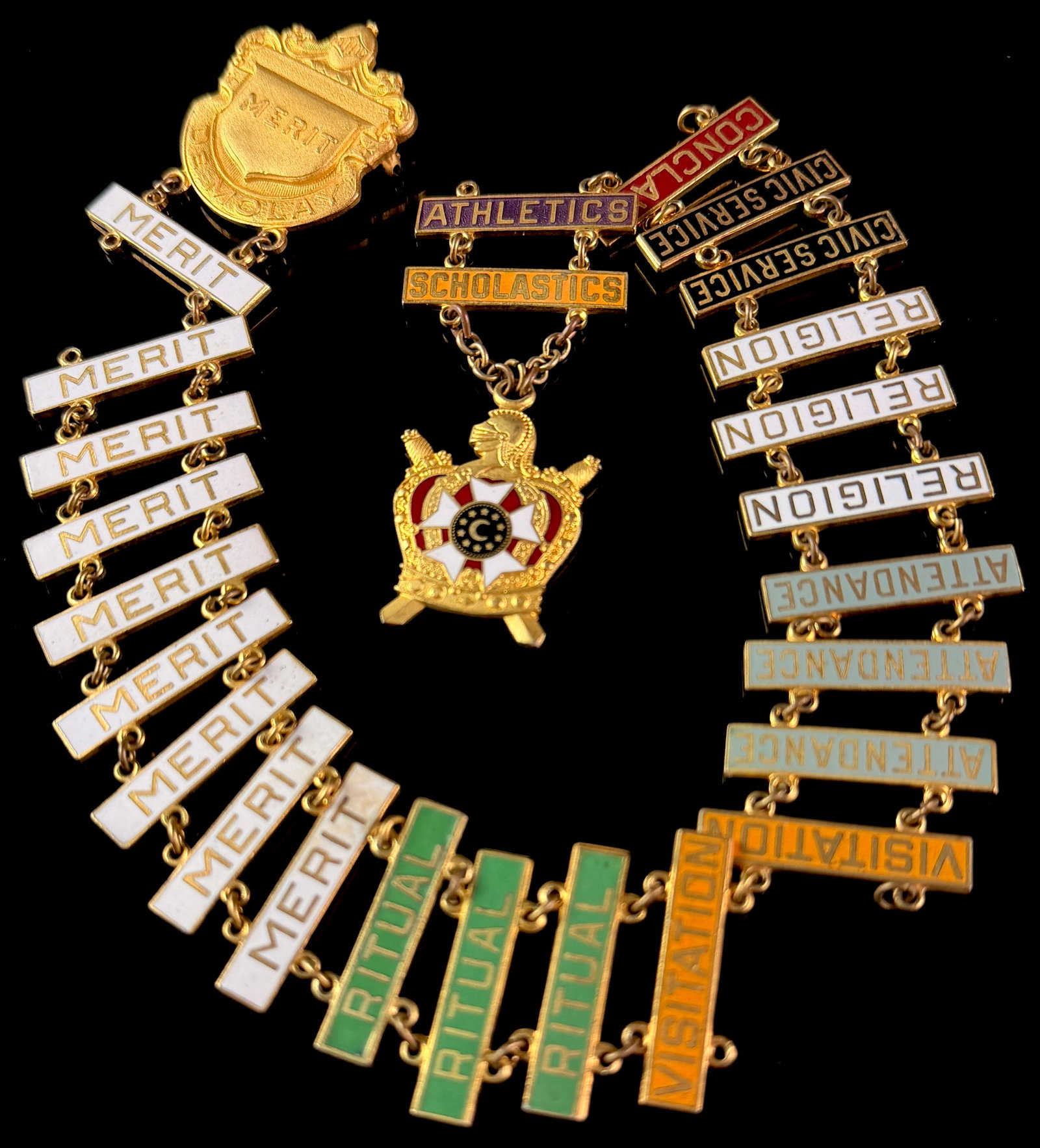 Vintage Order of DeMolay Enameled Merit Bar Chain with Shield Pin and Crown Pendant (1 of 4)