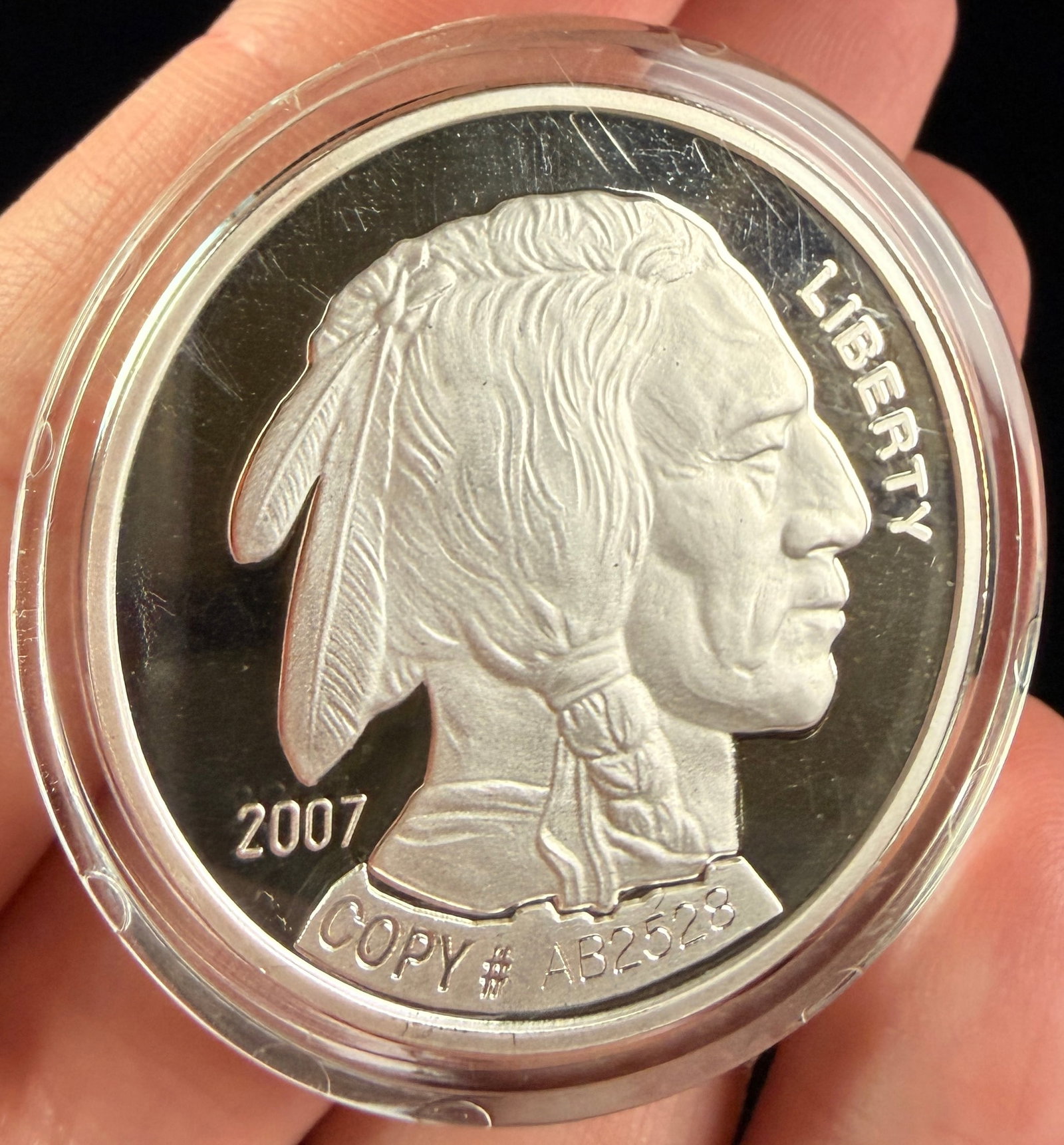 2007 US Buffalo Proof Commemorative Round: A large-format silver-toned metal commemorative round featuring the US Buffalo nickel design. The obverse depicts a right-facing profile of a Native American man with the inscription LIBERTY at the