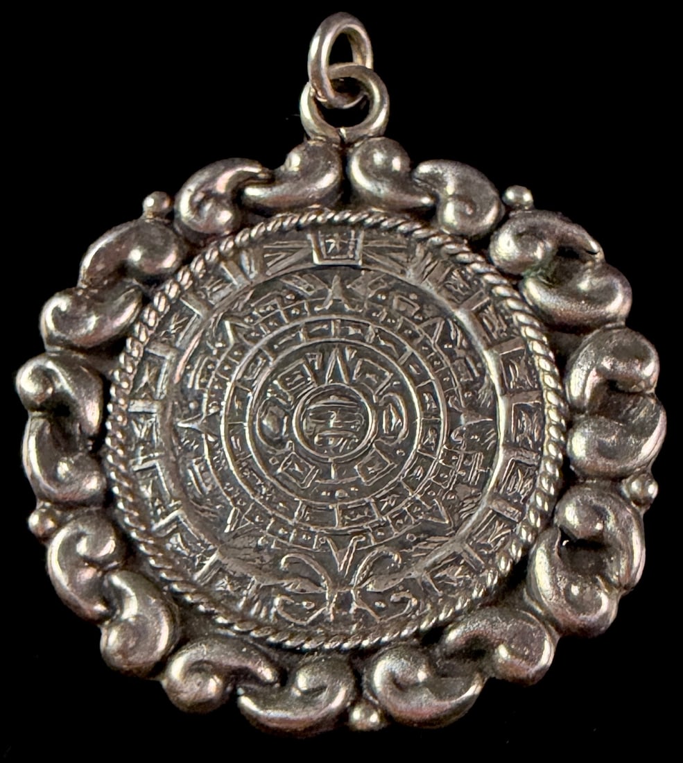 Mexican Sterling Silver Aztec Sun Stone Calendar Pendant (1 of 5)