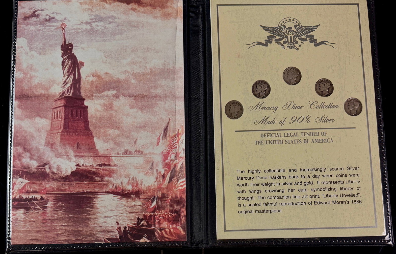 A United States Commemorative Gallery Mercury Dime Collection: This presentation from the United States Commemorative Gallery consists of five US Mercury Dimes, also known as Winged Liberty Head dimes, composed of 90% silver. The coins are mounted on a cream-colo