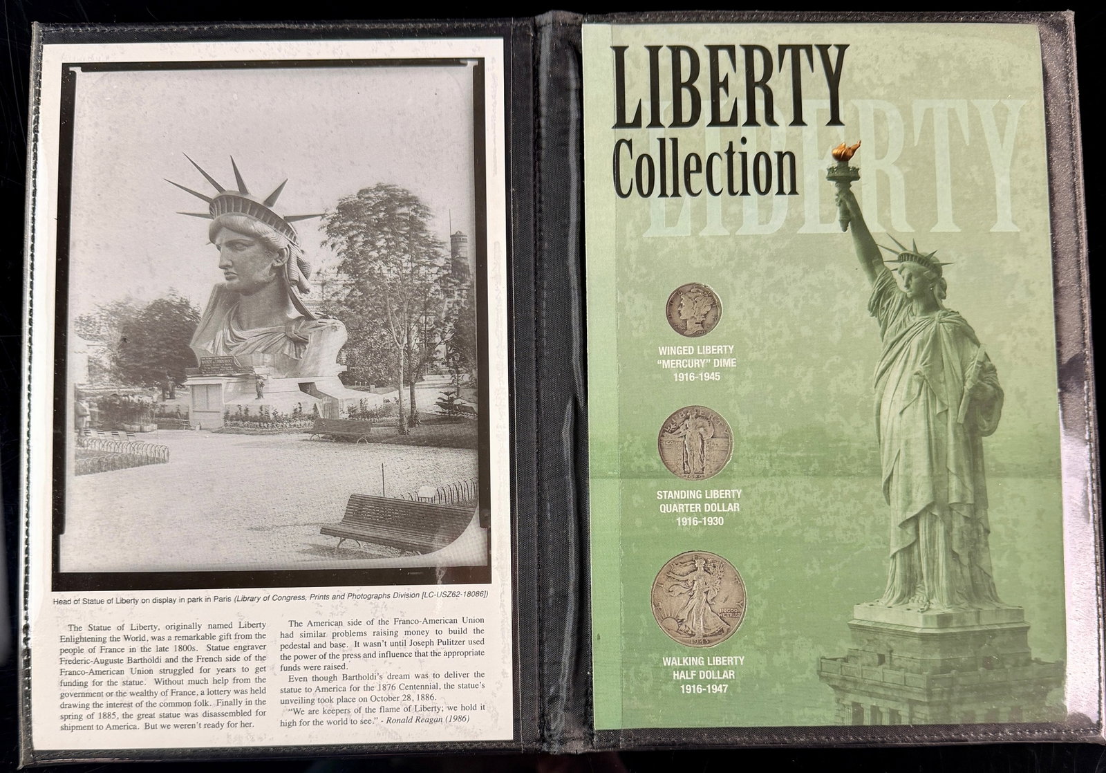 ** Three US 90% Silver Coins, 'Liberty Collection' Commemorative Set **Detailed Description:** A: ** A commemorative coin set titled "Liberty Collection" featuring three US 90% silver coins, issued by the United States Commemorative Gallery. The collection is presented in a black textured syntheti