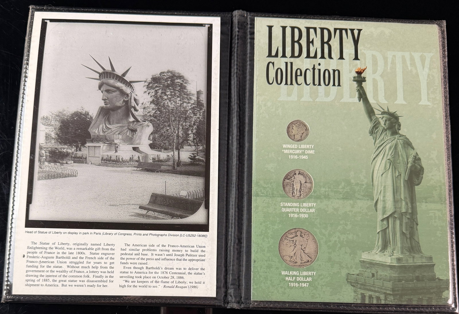 A United States Commemorative Gallery Liberty Collection Three US Silver Coin Set: A three coin set titled Liberty Collection issued by the United States Commemorative Gallery. The collection is housed in a dark blue textured bi-fold folder. The front cover features a gold-colored p
