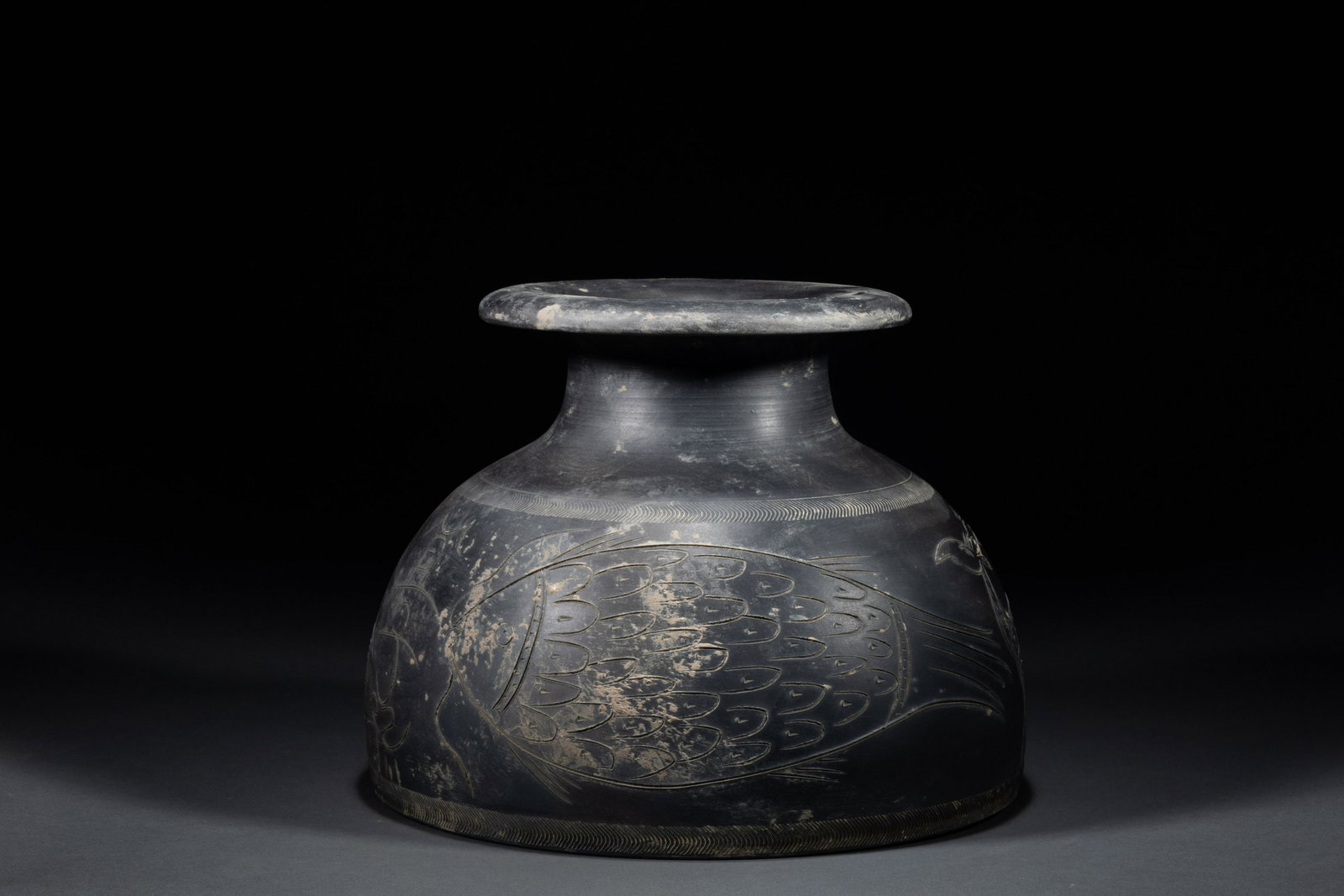 Han Dynasty - Black Pottery Pot with Deer Pattern. (1 of 5)