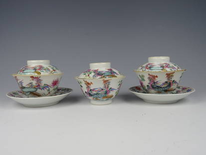 Three cups/two saucers: Three Chinese porcelain famille rose cups and cover/two saucers with birds-Marked-19th century. Cups=Height 7 cm. Diameter 9 cm. Saucer=11,6 cm.All in good condition. No chips,hairline or restorations