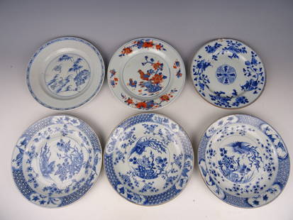 Six Porcelain plates: Six Chinese porcelain Blue and white plates with flowers - 18th century. Diameter 22 cm - 24 cm. Two plates are in good condition. Two plates has a small chip at the rim. Two plates has hairline.