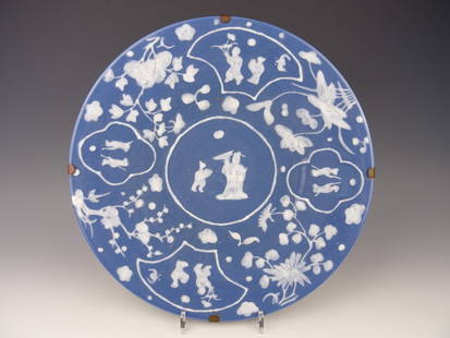Porcelain Charger: Large Chinese porcelain Blue and White charger with flowers - 19th century. Diameter 40.5cm In good condition a starline on the bottom.