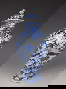 Porcelain blue and white vase: Chinese porcelain Blue and White vase and cover with landscape-Kangxi 18th century. Height: 29 cm. In good condition. A small chips at the foot rim and few frits at the cover.