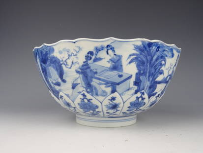 Porcelain blue and white bowl: Large Chinese porcelain Blue and White bowl with ladies- Kangxi mark and period 1662-1722. Height 10 cm Diameter 21cm In good condition