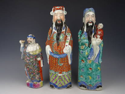 Three porcelain statues: Three Chinese porcelain Fencai statues of figures - marked-19th/20th century - Height 30 cm - 44 cm. In good condition.