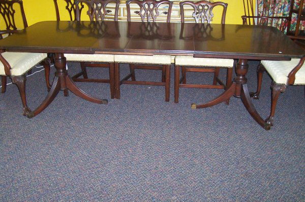 DUNCAN PHYFE STYLE DINING TABLE: Duncan Phyfe style dining table w/3 leaves & rack b: W.A. Berkey Furn. Co.