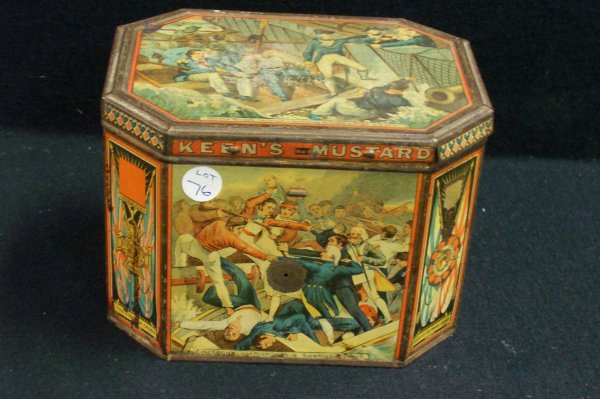 19th C. Keen Mustard: 19th.C. English Keens Mustard Tin. 5 1/2" Height, 7 1/2" Wide, 6" Deep/Minor Flaking