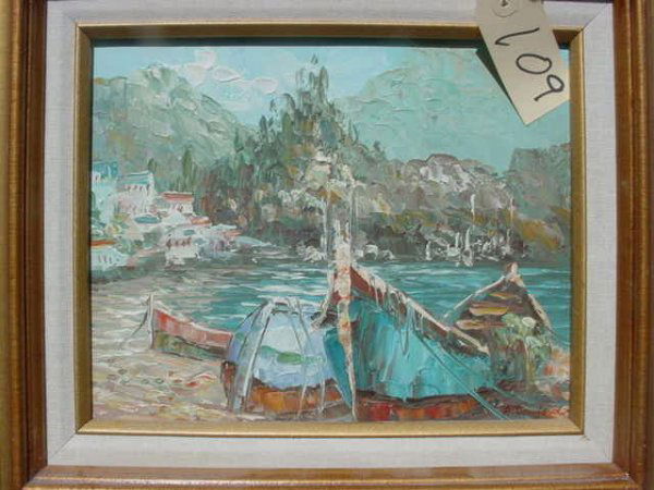1109: SIGNED R DANFORD OIL ON CANVAS PAINTING HARBOUR S