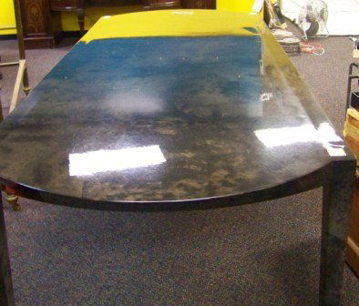 Carl Springer? 10 Ft Goat Skin Dining/Conference T: Massive 10 Ft Goat Skin Dining/Conference Table resting on silver gilt ball feet. Possibly attributed to Carl Springer. Light scratching to surface, may need buffing. Dimensions: 48" wide x 10ft x 30