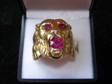 Mens Lion Head 14kt Gold & Ruby Ring