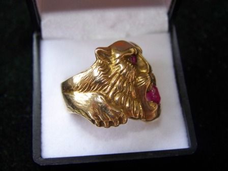 Mens Lion Head 14kt Gold & Ruby Ring - 2