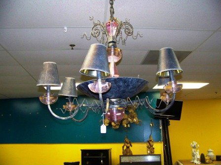 Modern Van Teal? Lucite & Iron Chandelier: Crafted with colored lucite & iron. Dimensions: 30 1/2" tall x 39 1/4" wide. 6 Light sconces and 4 interior lights.