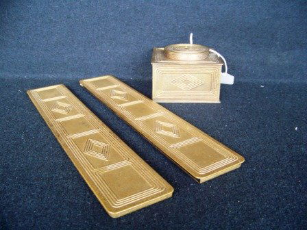 3Pc Tiffany Studios Inkwell & Blotters: Inkwell 2 5/8" tall 2 3/4" square with glass insert and metal holder. With a pair of 12 1/4" long 2 1/4" wide blotter ends.