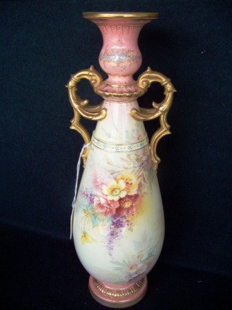 Antique Royal Bonn Doublehandled Vase: 13 1/2" tall with handpainted florals with impressed sig.