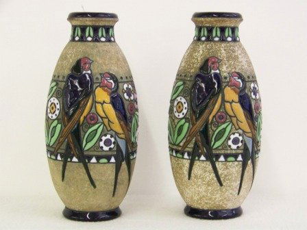 Pr Early Austrian Amphora Parrot Vases: #15090 & #64 base. With Parrots, Floral & Leaves with Dark blue rims. 12 1/8" tall x 5 1/2" wide.