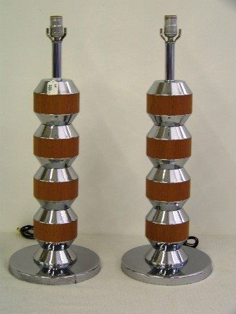 Pr Modern Chrome Wood Lamps: 27 3/8" tall x 10 1/8" across base. 27 3/8" tall without harps.