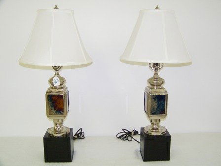 Pr Mid Century Modern Chrome & Mirrored Lamps: On black laq. bases. 19 5/8" tall without harps,5" square at base.