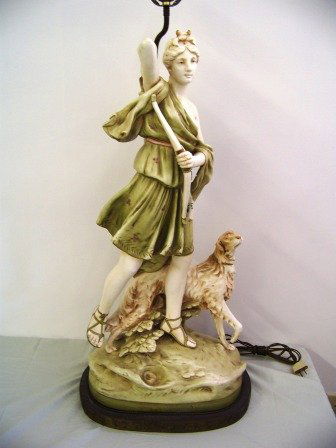 Antique Royal Dux Hunter & Dog Fig. 30" tall: Possible Royal Dux did not take apart,now mounted as lamp. Fig with base is 30" tall app 14" wide 8 1/2" deep