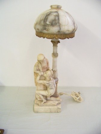 Antique Signed Marble Romeo & Juilet Lamp: Marble or alabaster with shade. App 25" tall with shade base = 5 7/8" x 6 5/8"